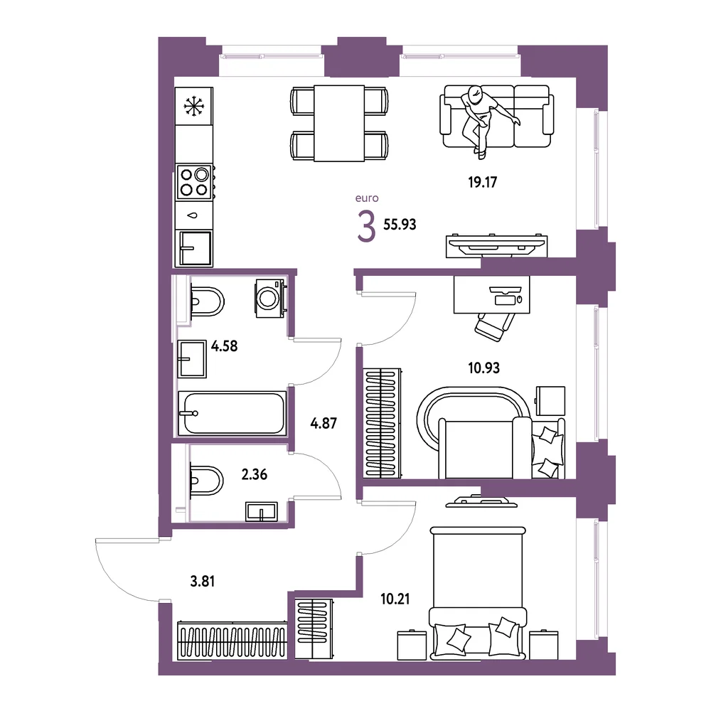 Планировка: Сердце Сибири 3-комнатная 55,93м²