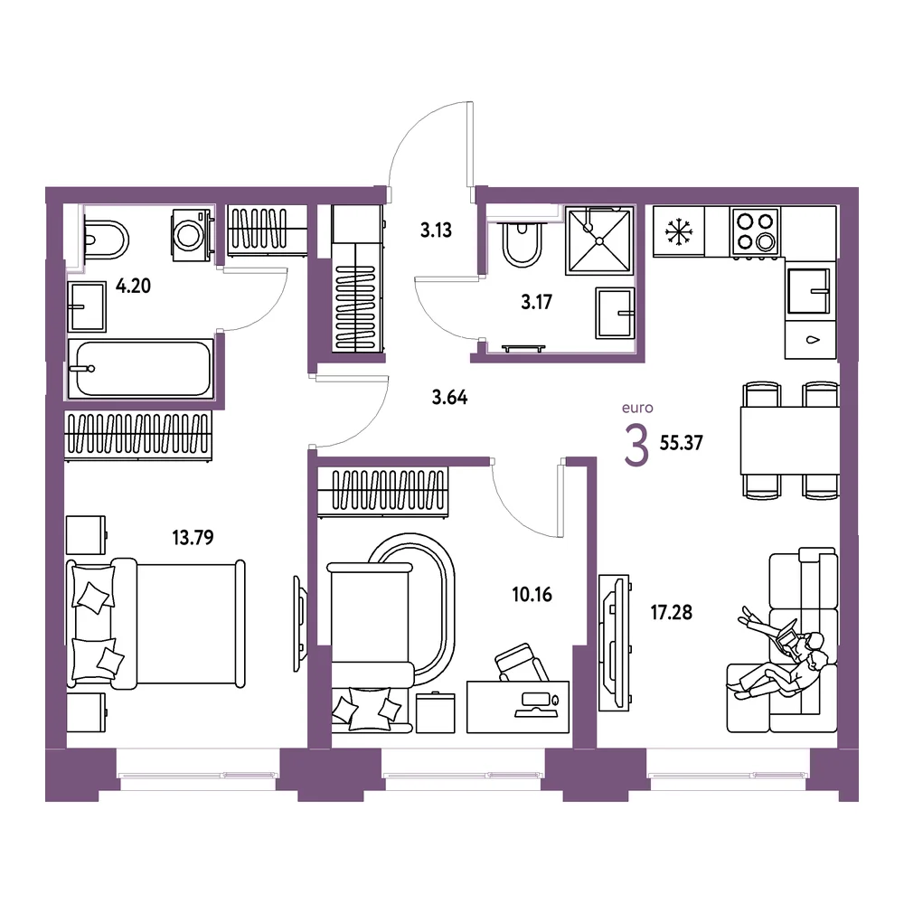 Планировка: Сердце Сибири 3-комнатная 55,37м²