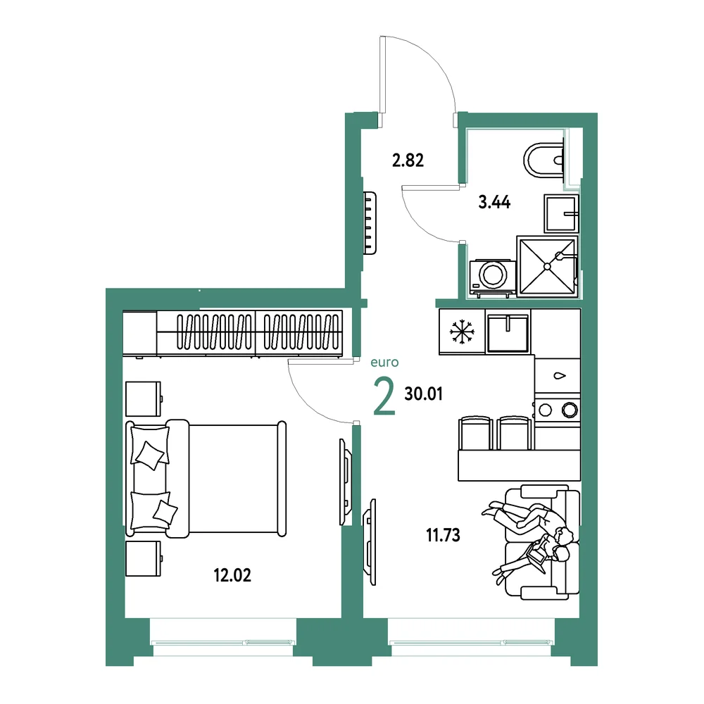 Планировка: Сердце Сибири 2-комнатная 30,01м²