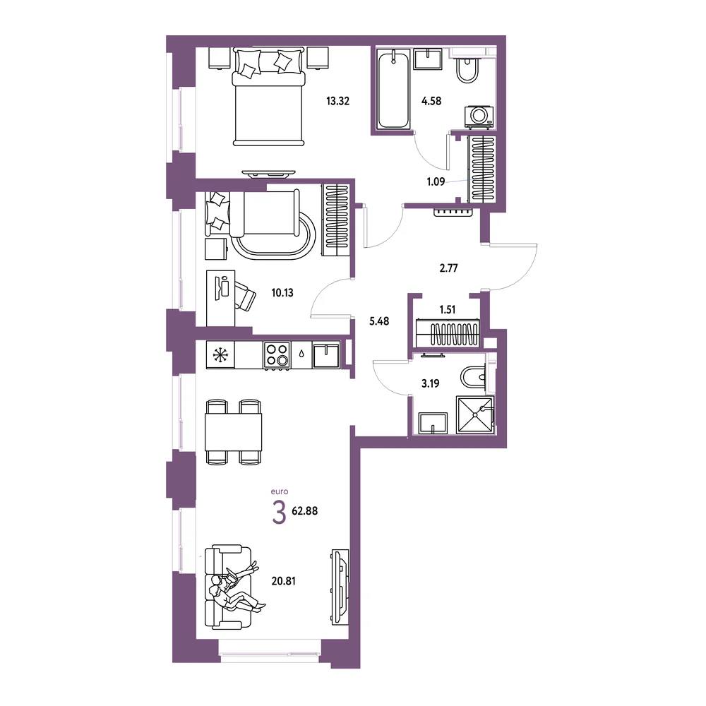 Планировка: Сердце Сибири 3-комнатная 62,88м²