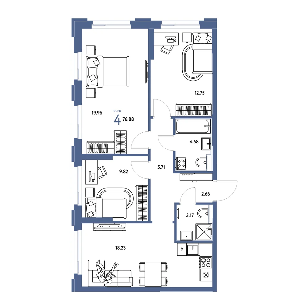 Планировка: Сердце Сибири 4-комнатная 76,88м²