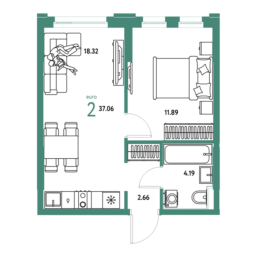 Планировка: Сердце Сибири 2-комнатная 37,06м²