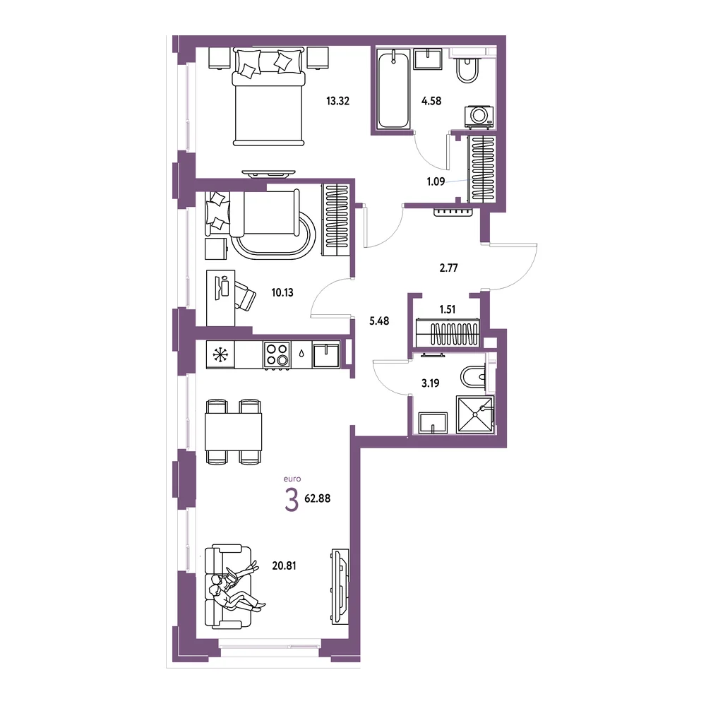 Планировка: Сердце Сибири 3-комнатная 62,88м²