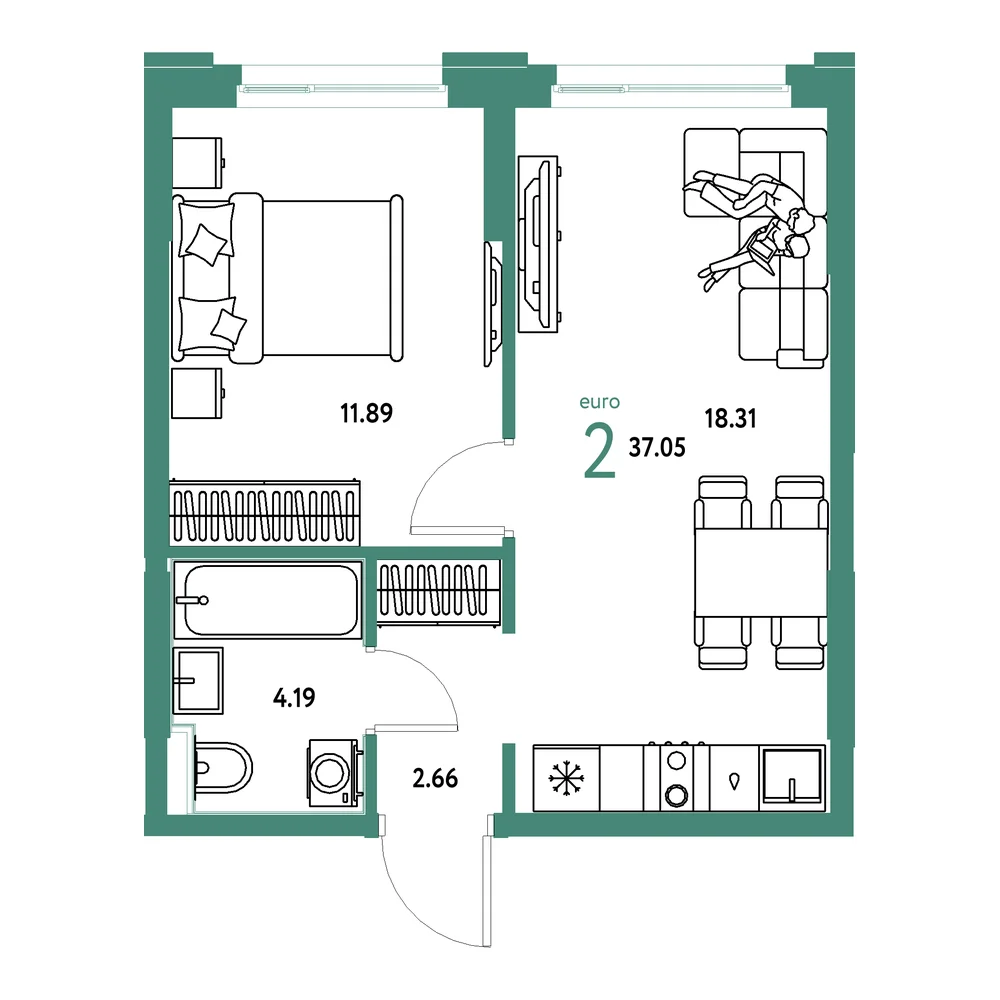 Планировка: Сердце Сибири 2-комнатная 37,05м²