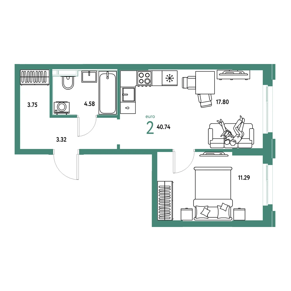 Планировка: Сердце Сибири 2-комнатная 40,74м²