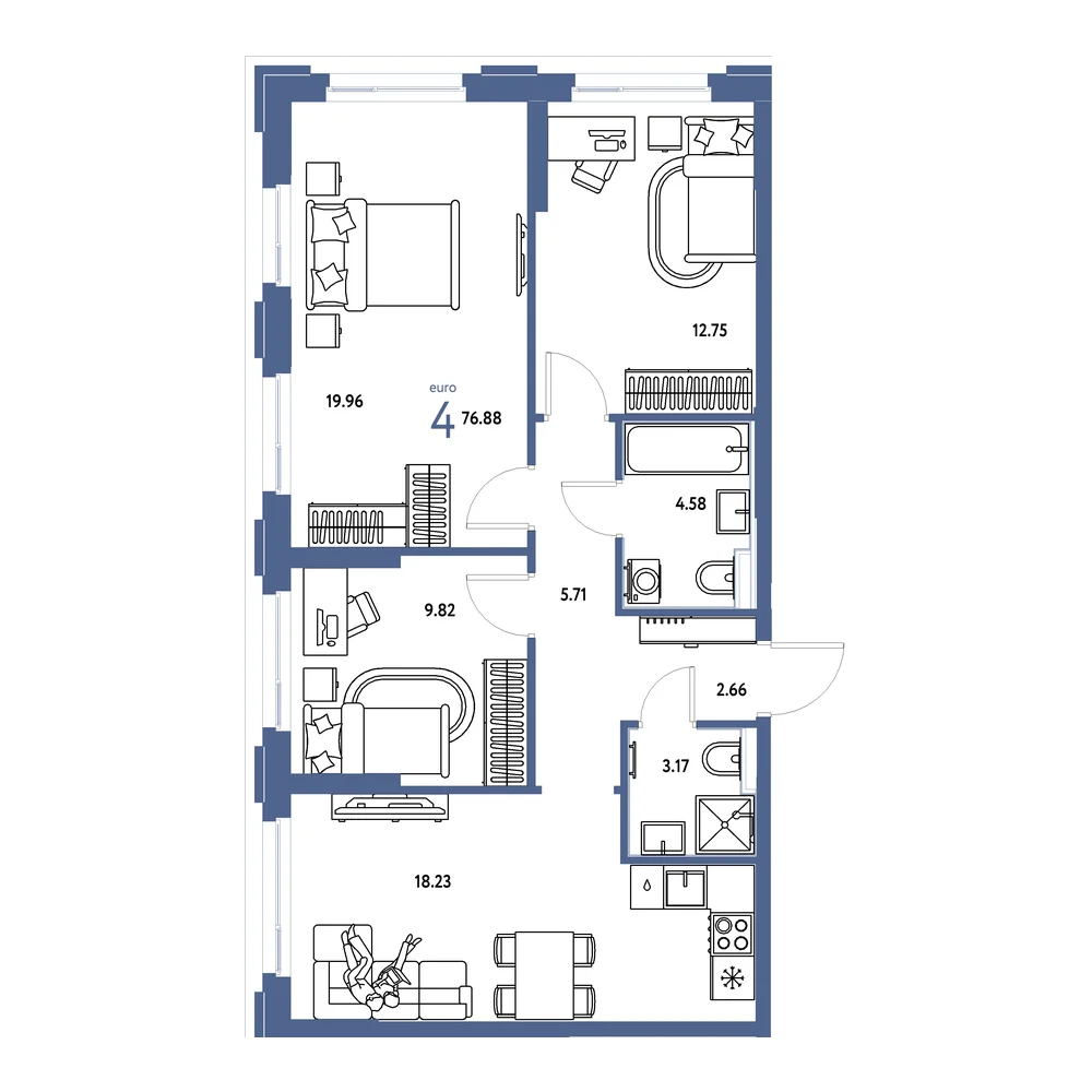 Планировка: Сердце Сибири 4-комнатная 76,88м²