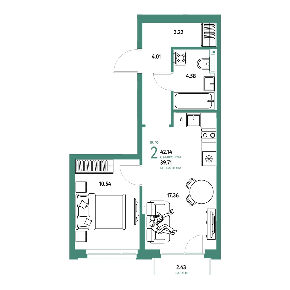 Планировка: Сердце Сибири 2-комнатная 42,14м²