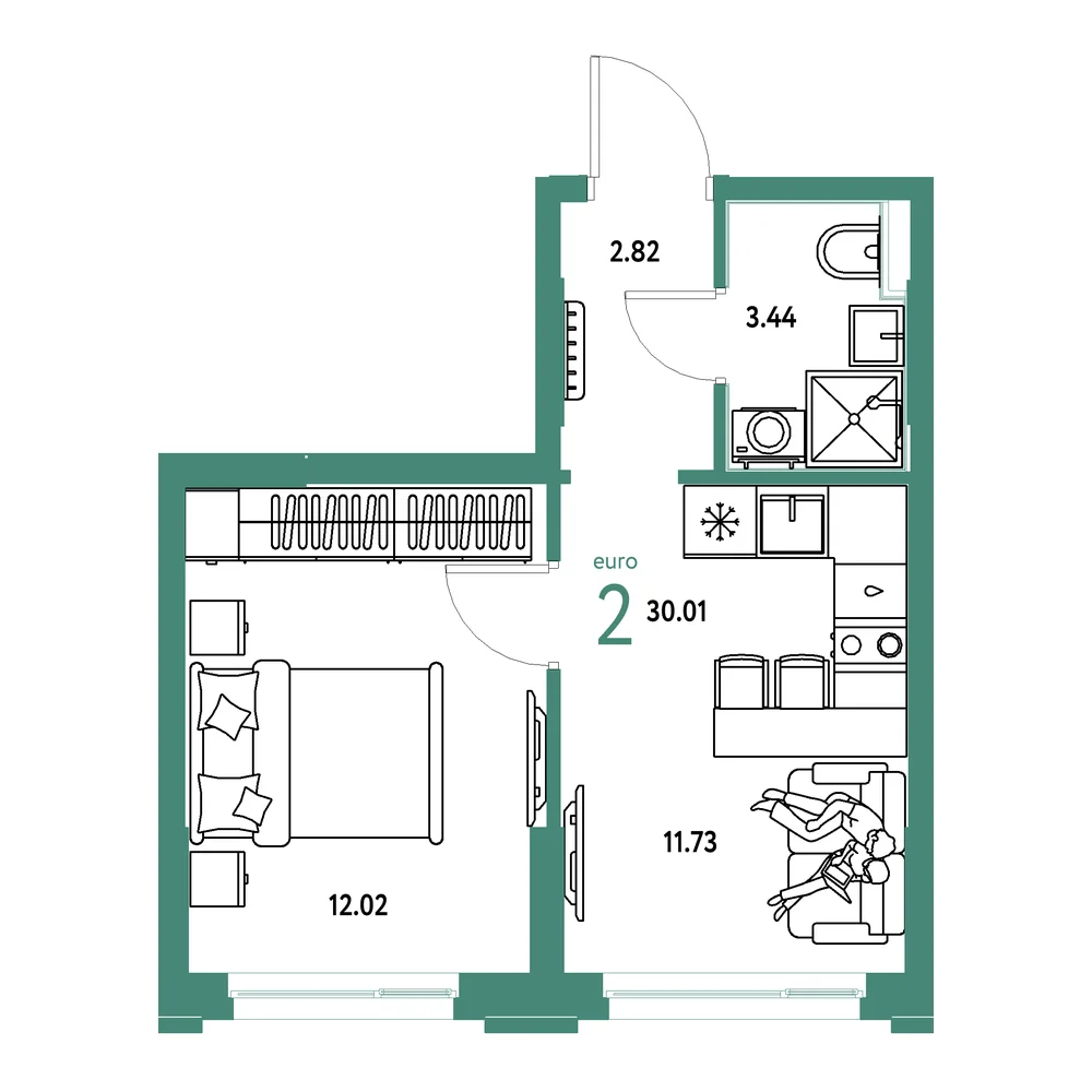 Планировка: Сердце Сибири 2-комнатная 30,01м²