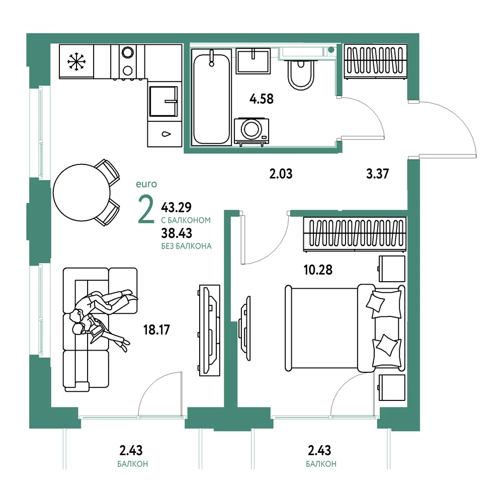 Планировка: Сердце Сибири 2-комнатная 43,29м²