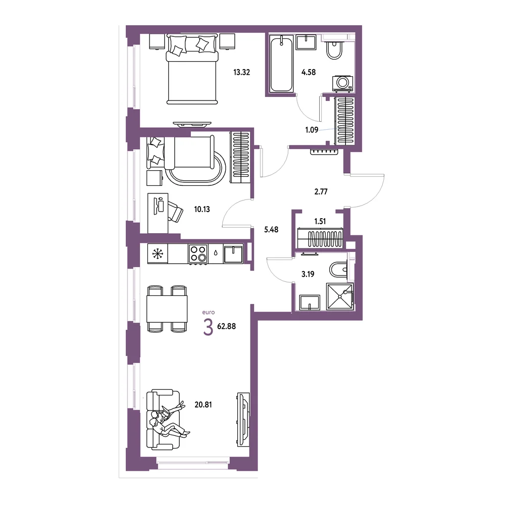 Планировка: Сердце Сибири 3-комнатная 62,88м²