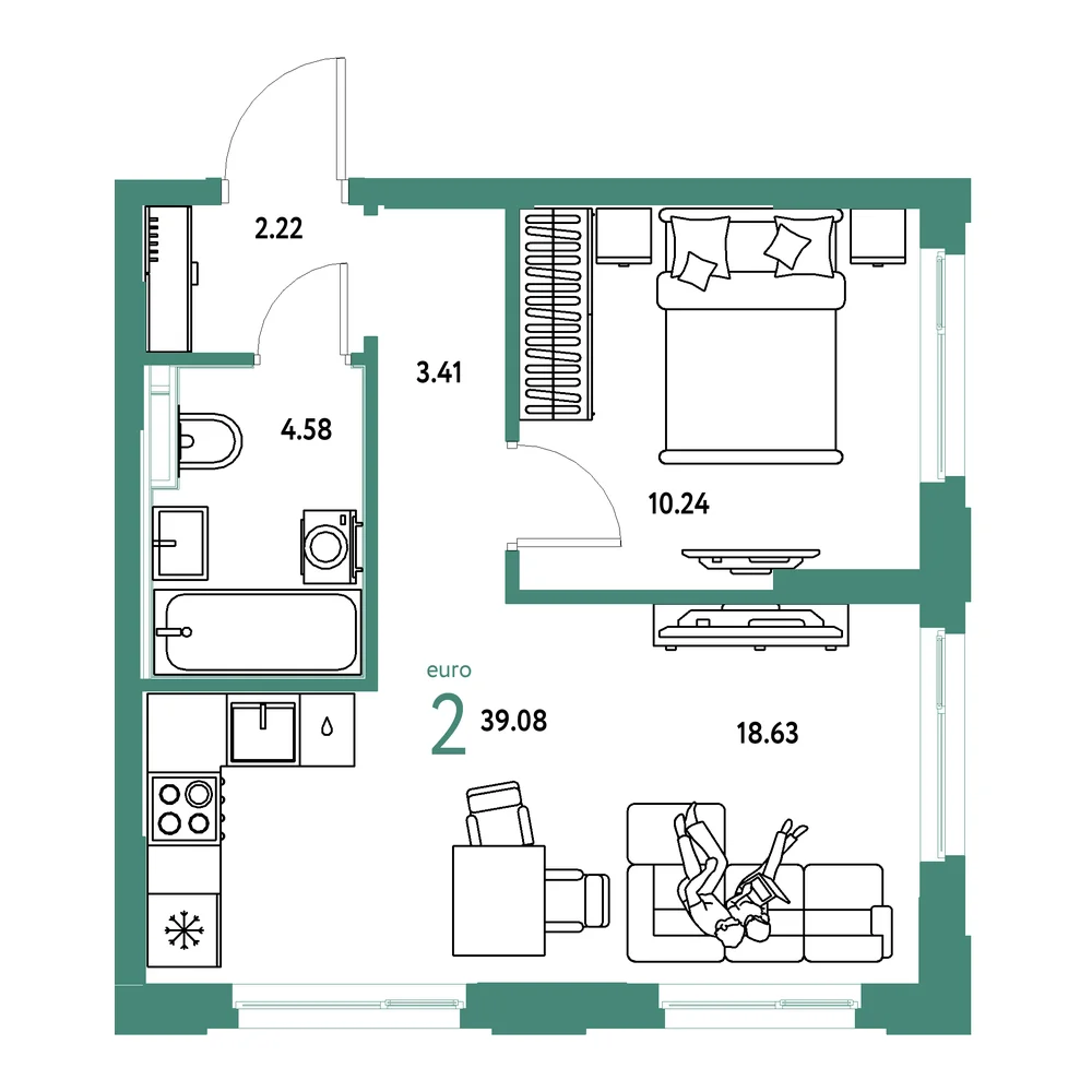 Планировка: Сердце Сибири 2-комнатная 39,08м²