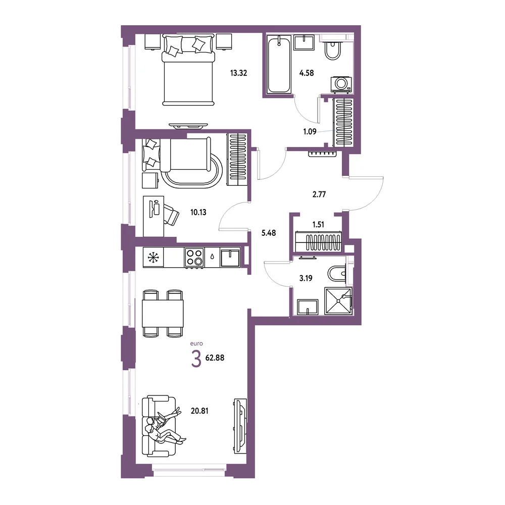 Планировка: Сердце Сибири 3-комнатная 62,88м²