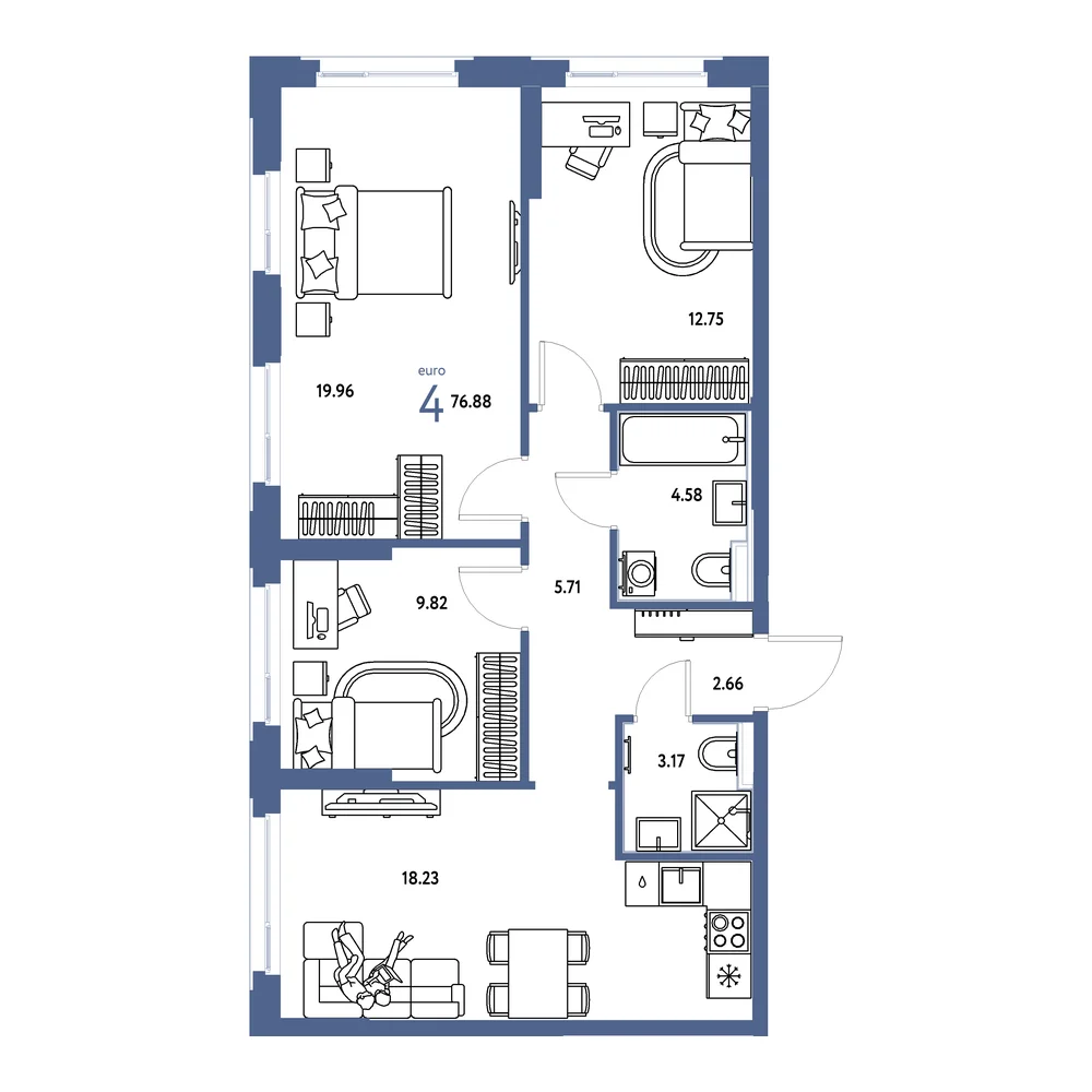 Планировка: Сердце Сибири 4-комнатная 76,88м²