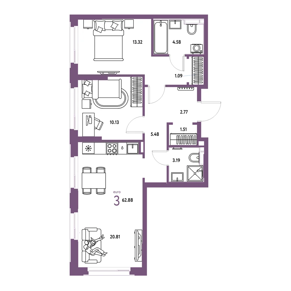 Планировка: Сердце Сибири 3-комнатная 62,88м²