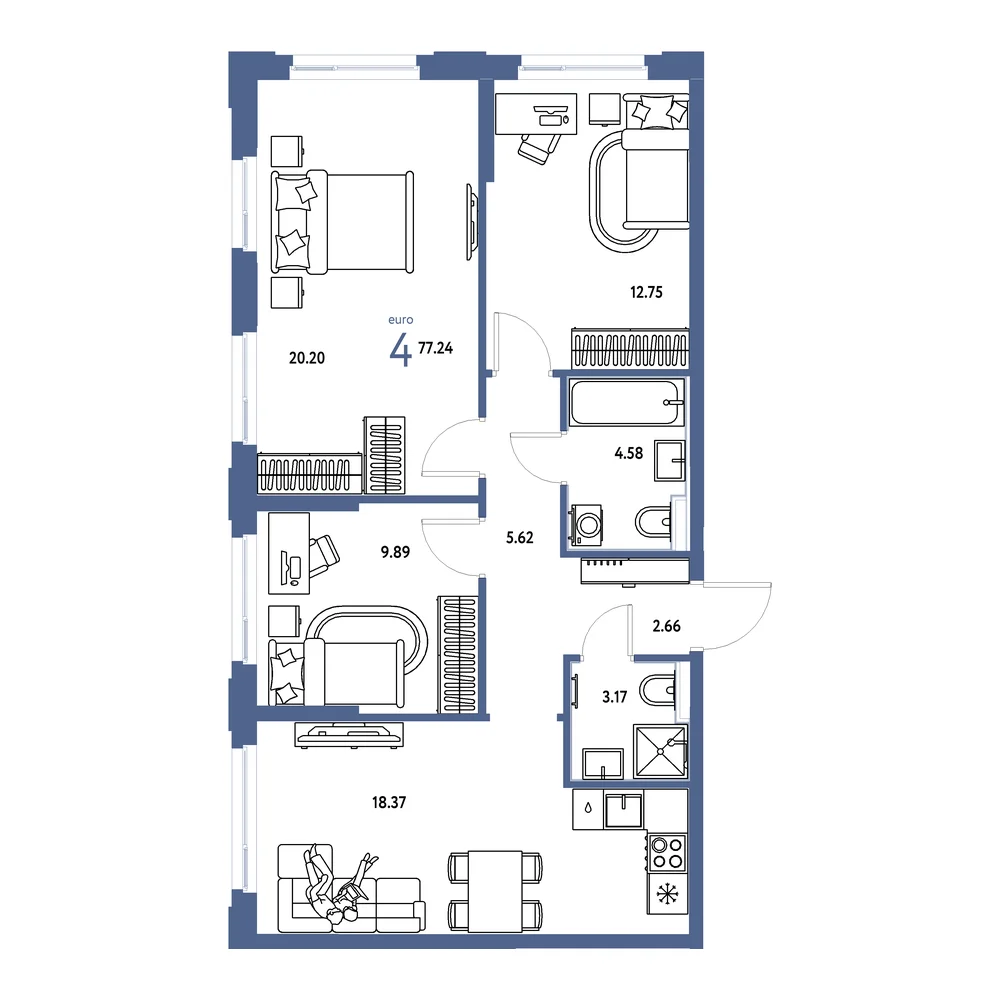 Планировка: Сердце Сибири 4-комнатная 77,24м²