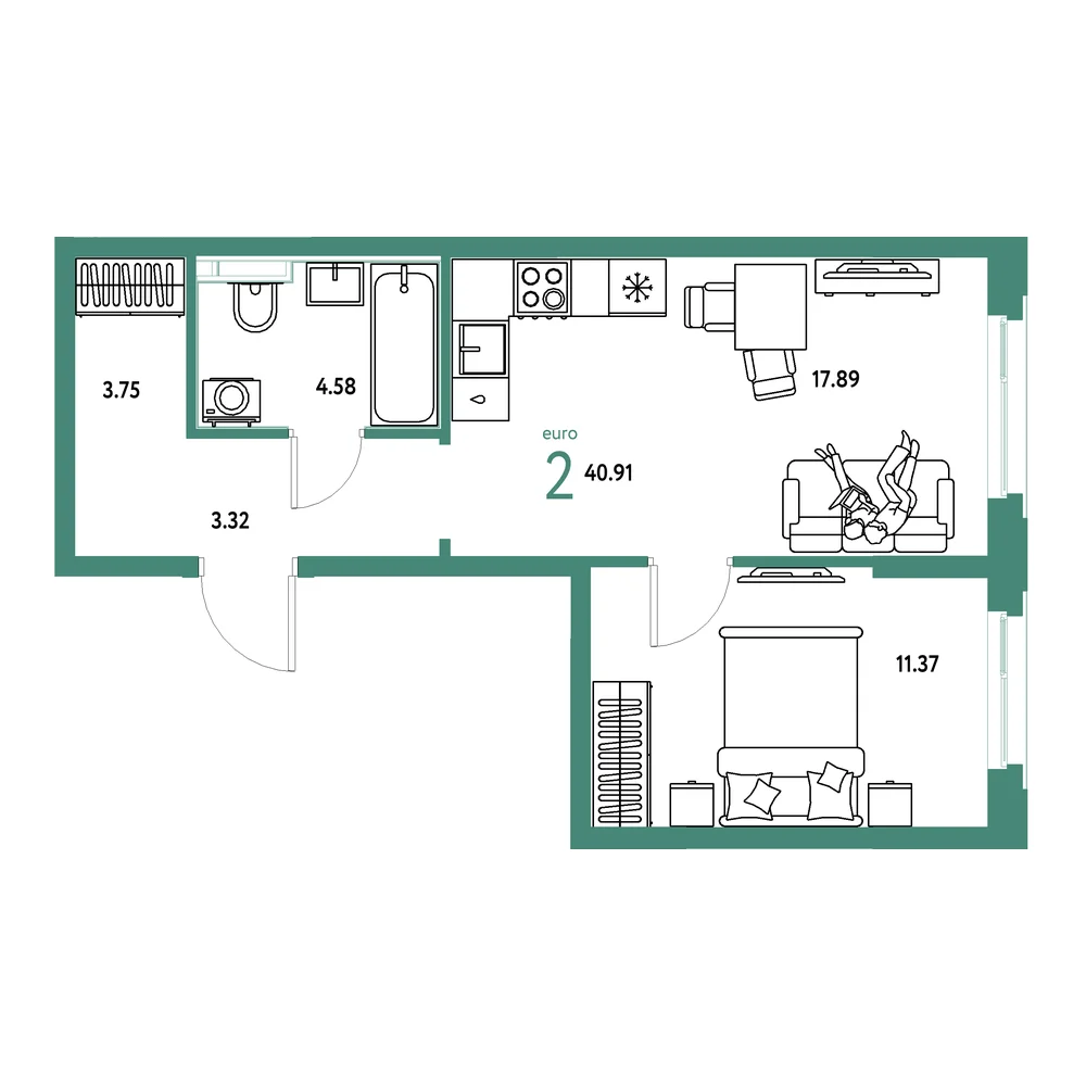 Планировка: Сердце Сибири 2-комнатная 40,91м²