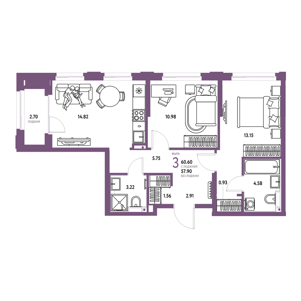 Планировка: Сердце Сибири 3-комнатная 60,60м²