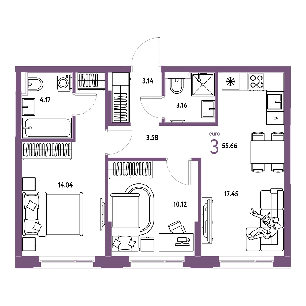 Планировка: Сердце Сибири 3-комнатная 55,66м²