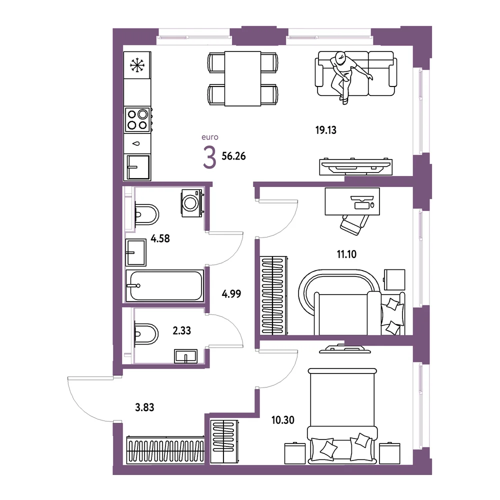 Планировка: Сердце Сибири 3-комнатная 56,26м²