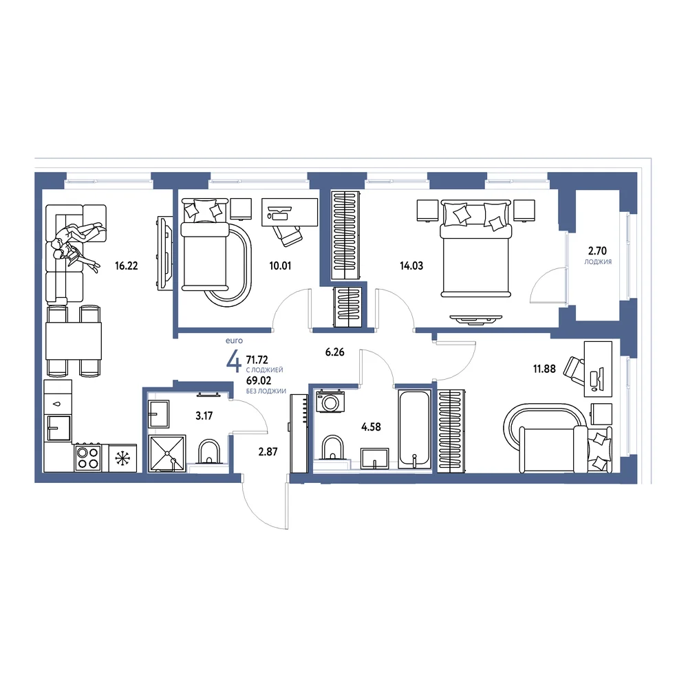 Планировка: Сердце Сибири 4-комнатная 71,72м²