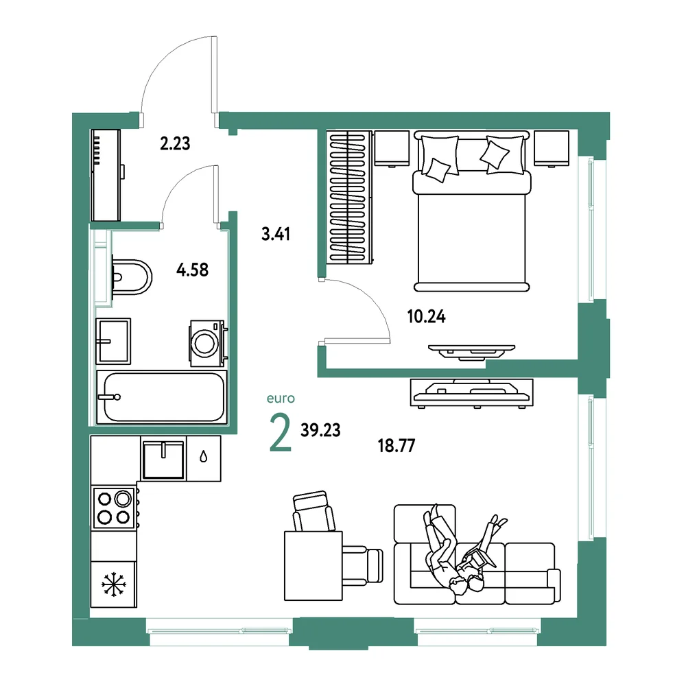 Планировка: Сердце Сибири 2-комнатная 39,23м²