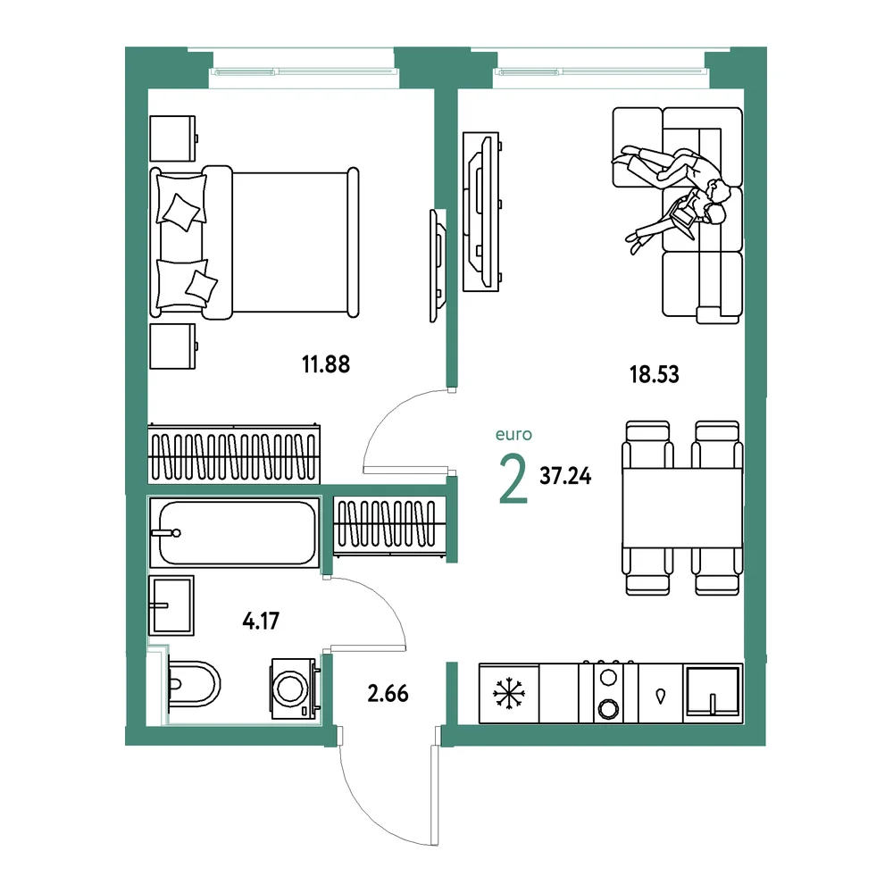 Планировка: Сердце Сибири 2-комнатная 37,24м²