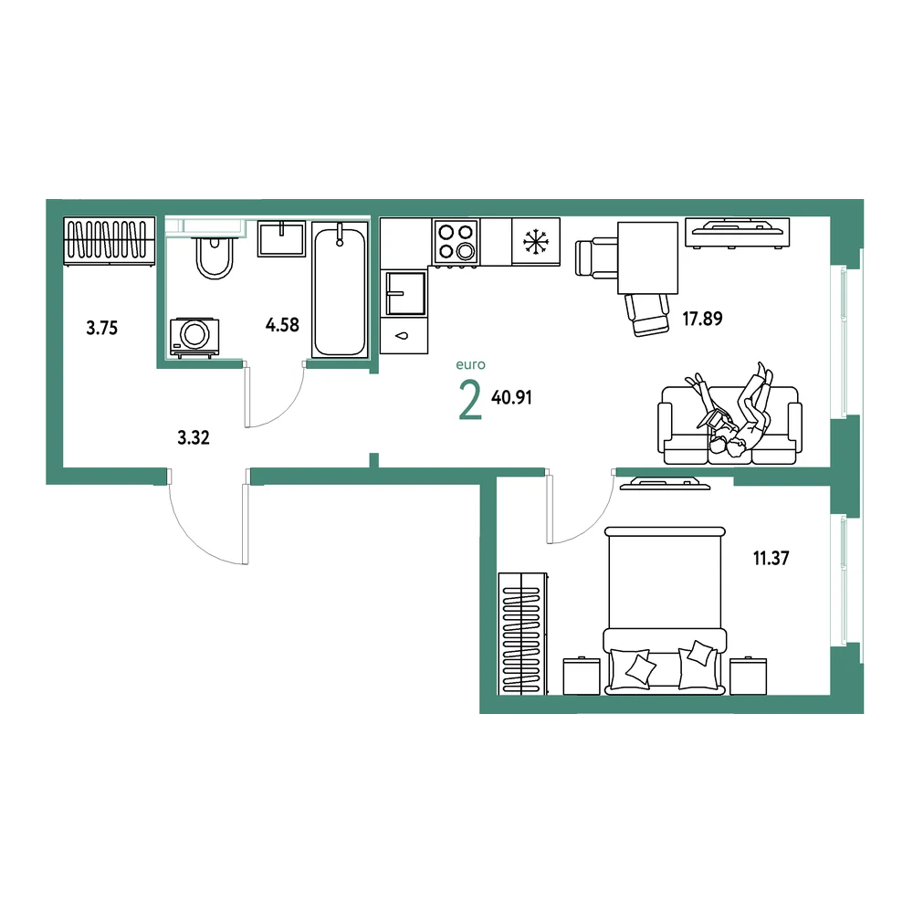 Планировка: Сердце Сибири 2-комнатная 40,91м²