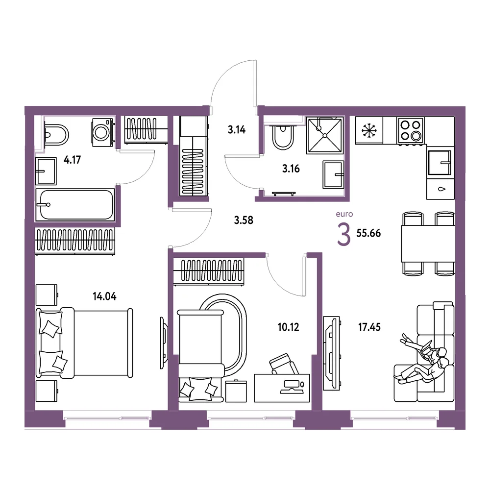 Планировка: Сердце Сибири 3-комнатная 55,66м²