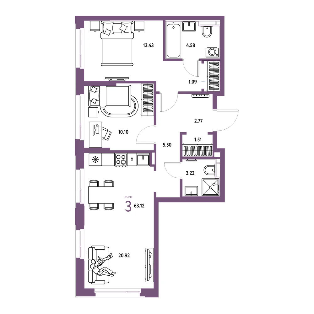 Планировка: Сердце Сибири 3-комнатная 63,12м²