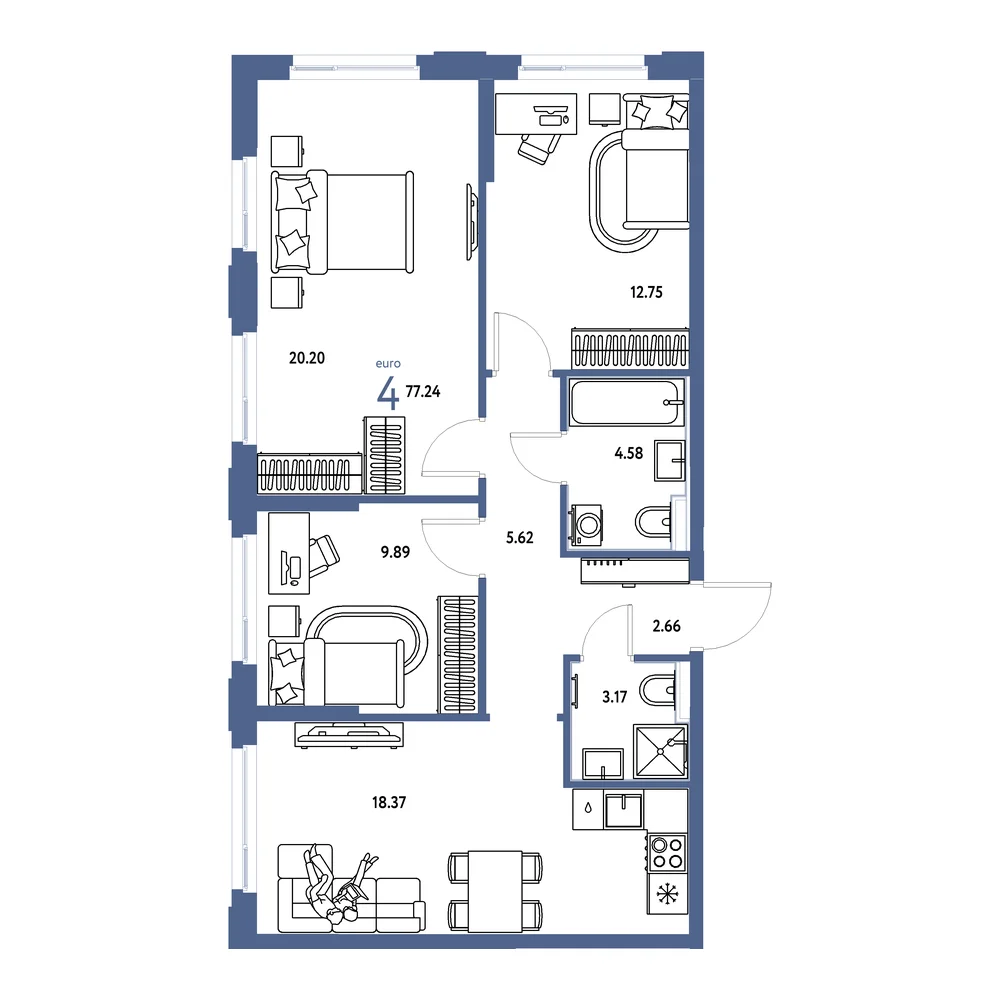 Планировка: Сердце Сибири 4-комнатная 77,24м²