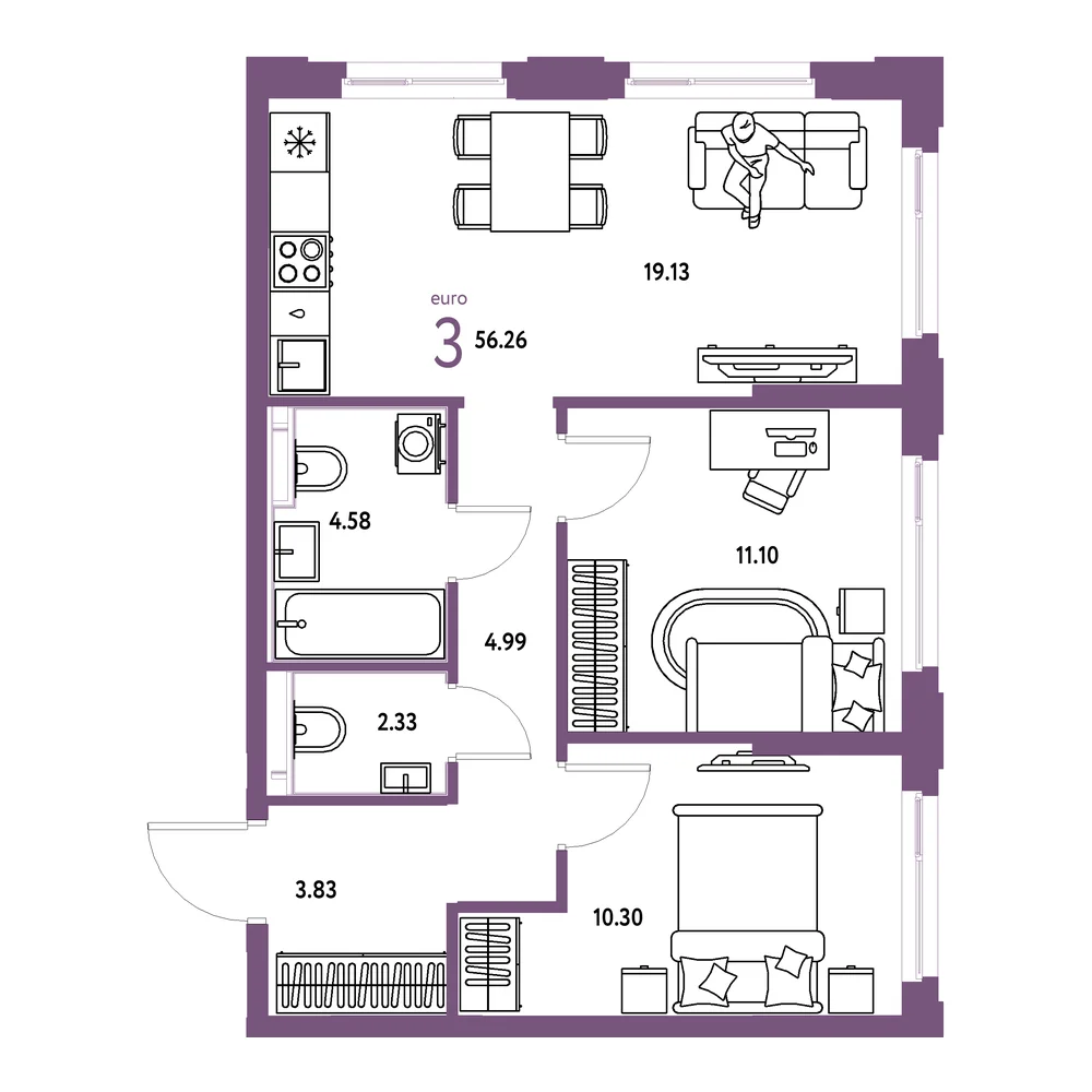 Планировка: Сердце Сибири 3-комнатная 56,26м²
