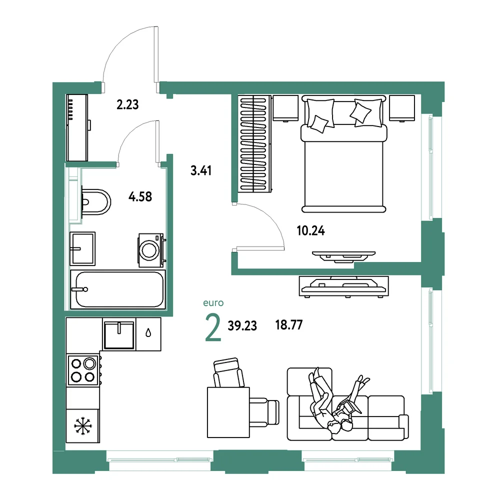 Планировка: Сердце Сибири 2-комнатная 39,23м²