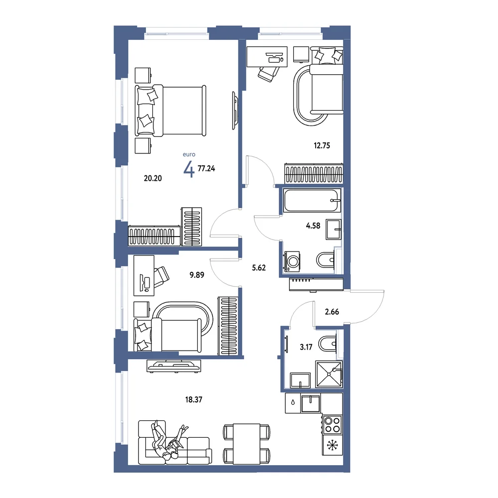 Планировка: Сердце Сибири 4-комнатная 77,24м²