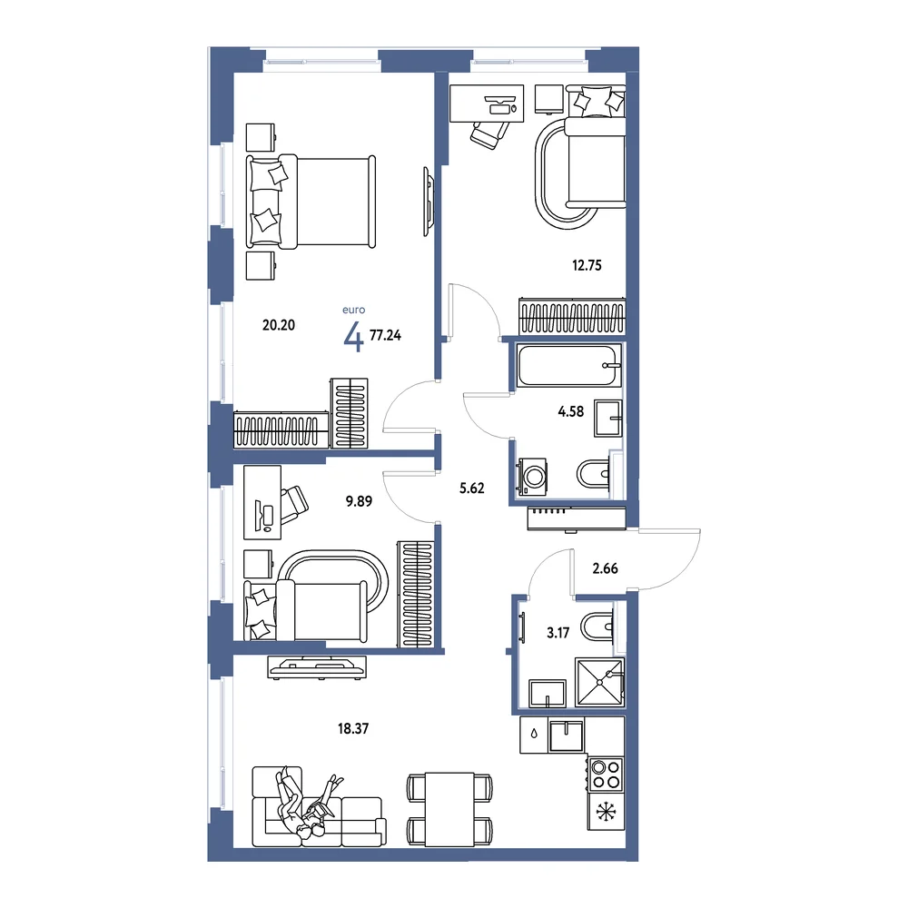 Планировка: Сердце Сибири 4-комнатная 77,24м²