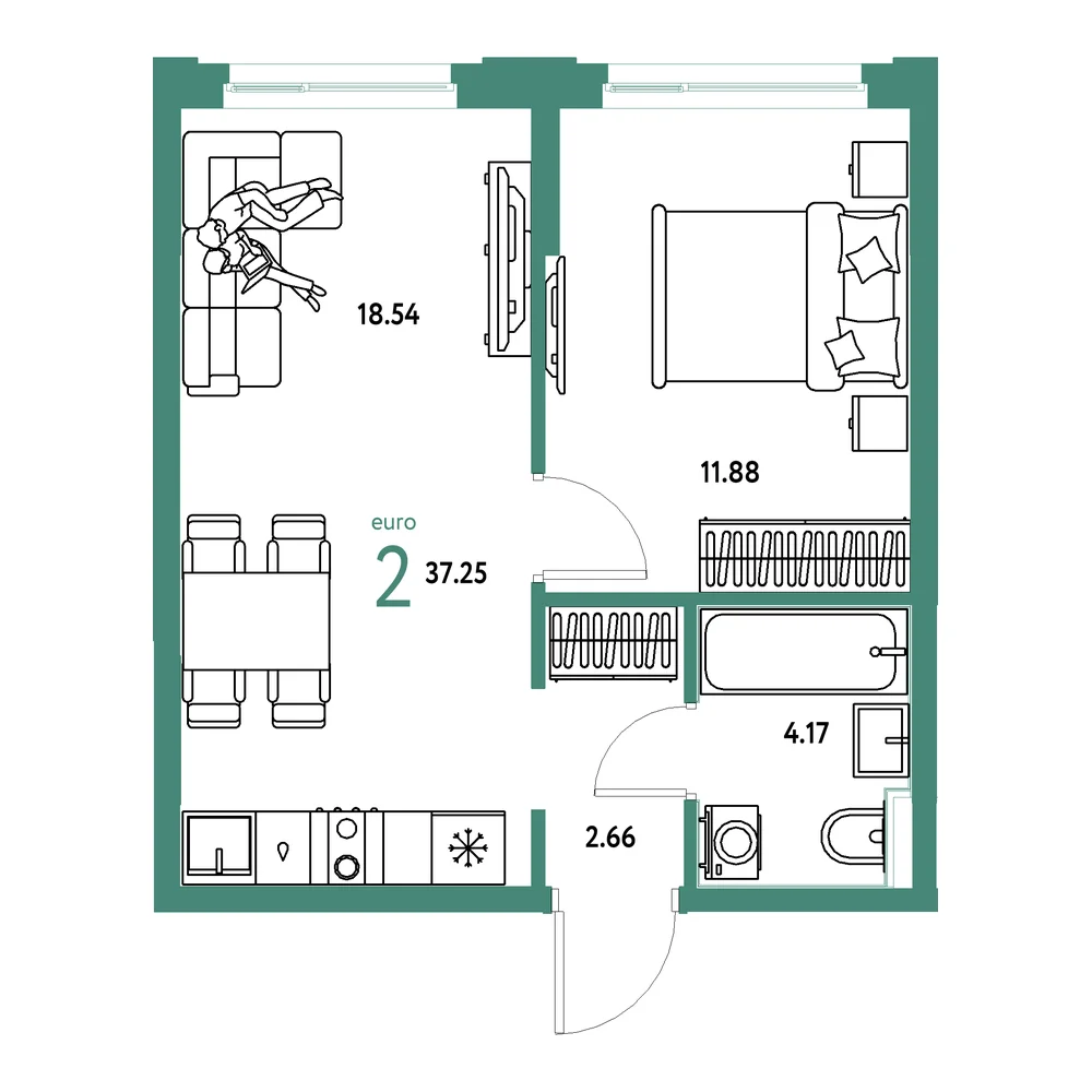 Планировка: Сердце Сибири 2-комнатная 37,25м²