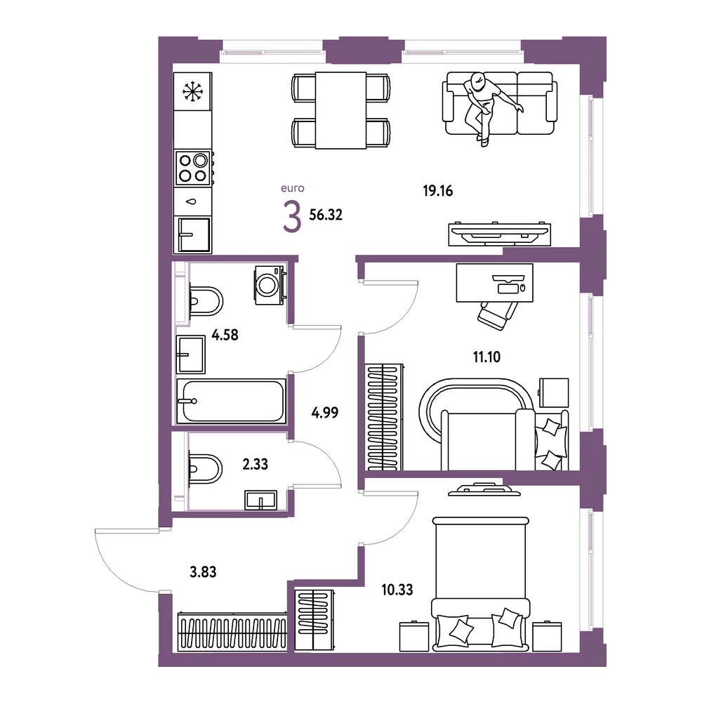 Планировка: Сердце Сибири 3-комнатная 56,32м²