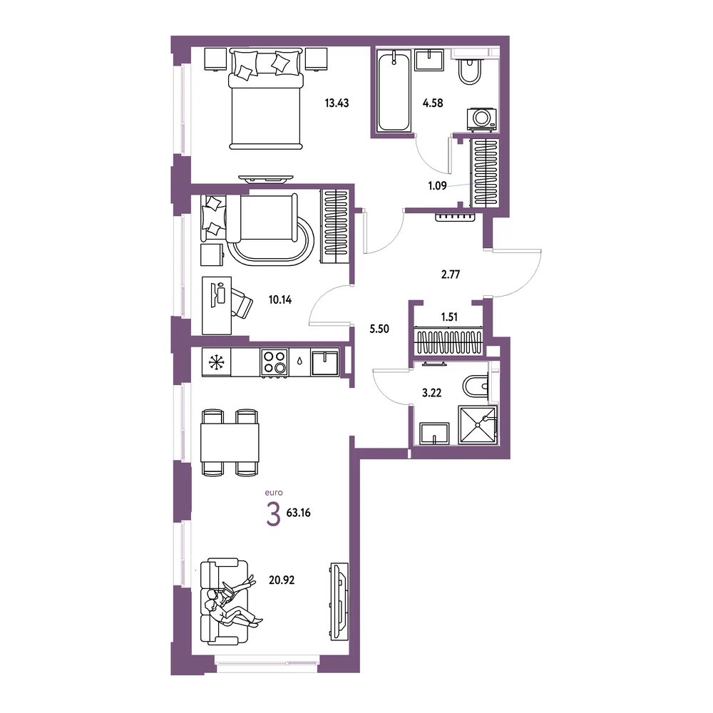 Планировка: Сердце Сибири 3-комнатная 63,16м²