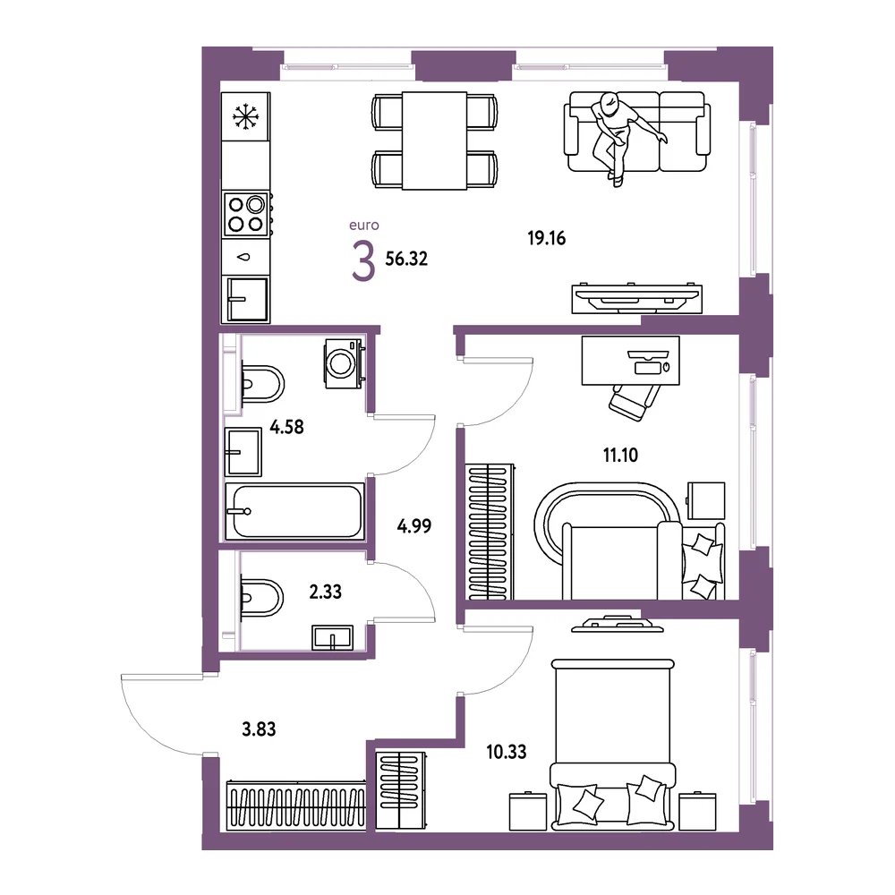 Планировка: Сердце Сибири 3-комнатная 56,32м²