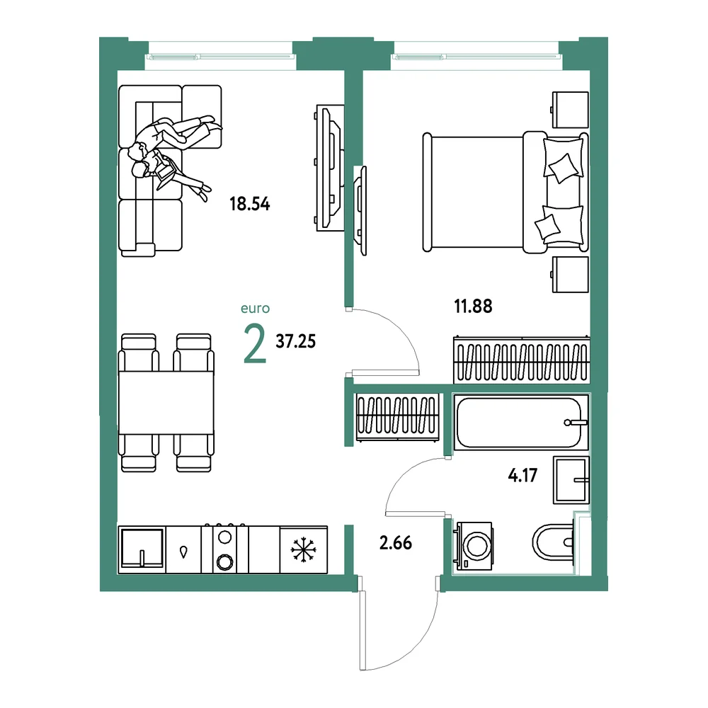 Планировка: Сердце Сибири 2-комнатная 37,25м²