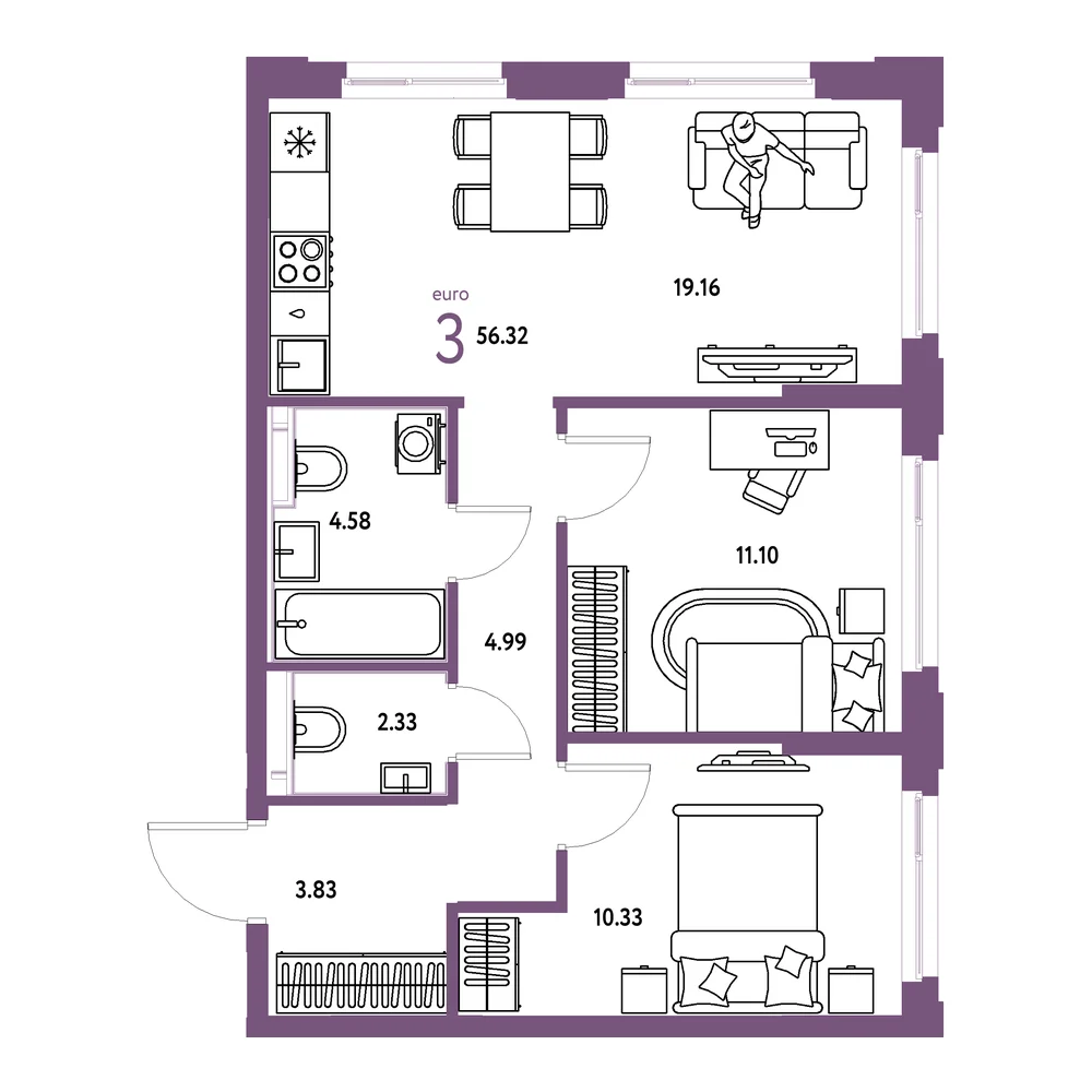 Планировка: Сердце Сибири 3-комнатная 56,32м²