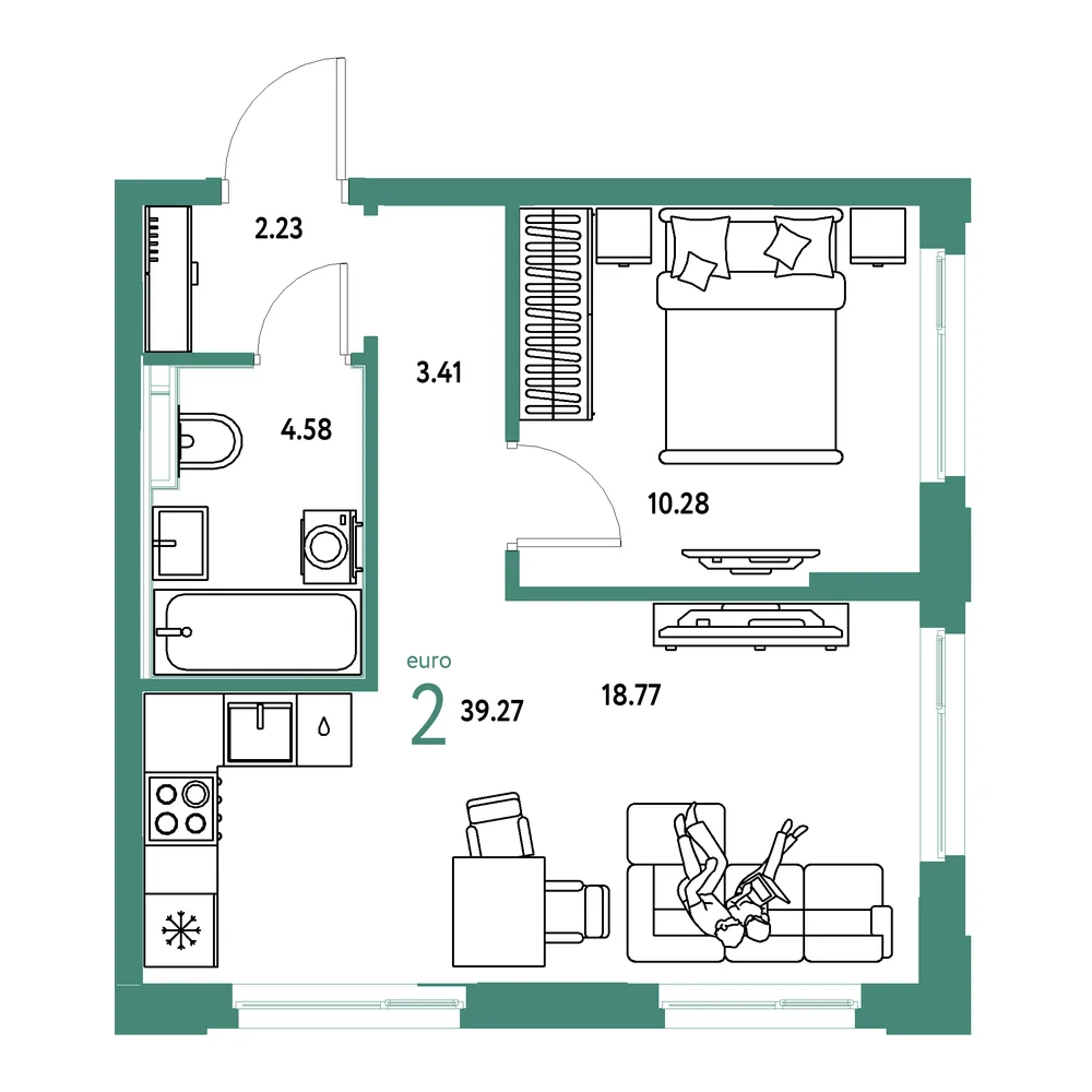 Планировка: Сердце Сибири 2-комнатная 39,27м²