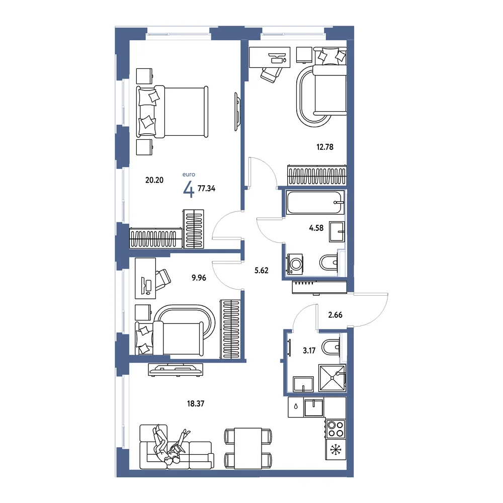 Планировка: Сердце Сибири 4-комнатная 77,34м²