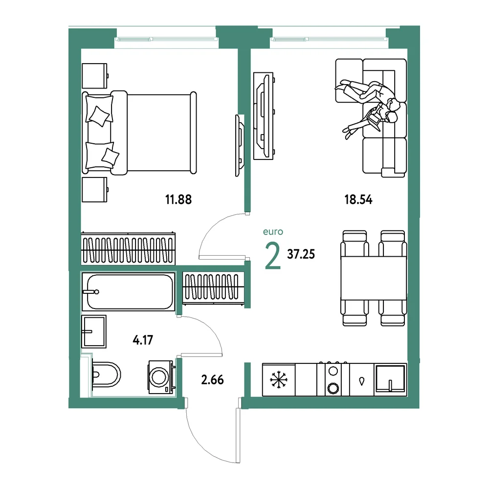 Планировка: Сердце Сибири 2-комнатная 37,25м²