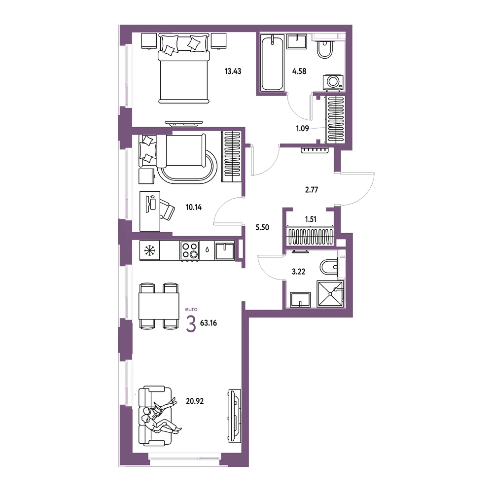 Планировка: Сердце Сибири 3-комнатная 63,16м²