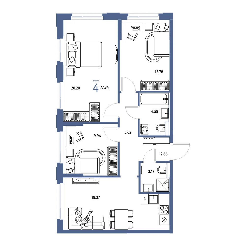 Планировка: Сердце Сибири 4-комнатная 77,34м²