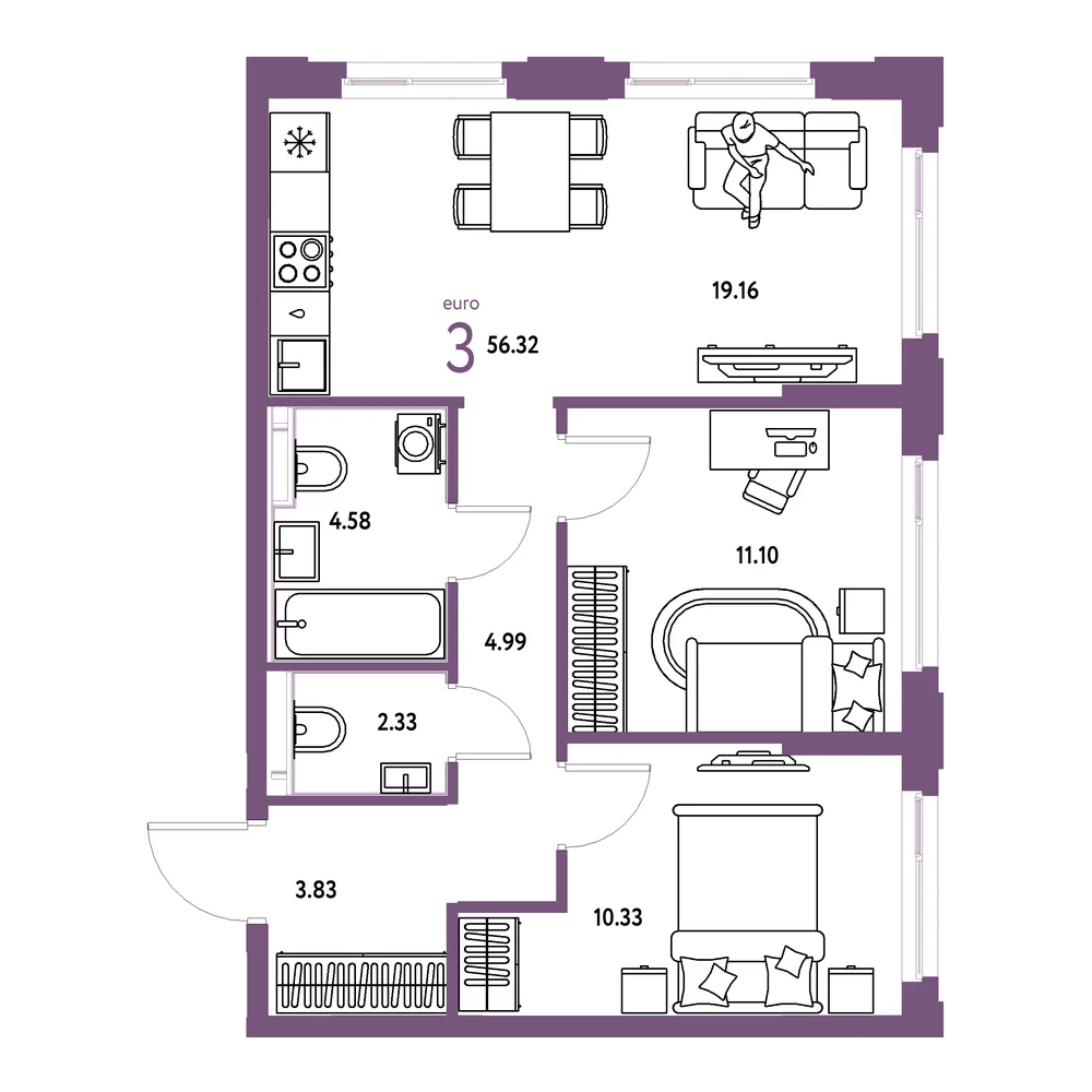 Планировка: Сердце Сибири 3-комнатная 56,32м²