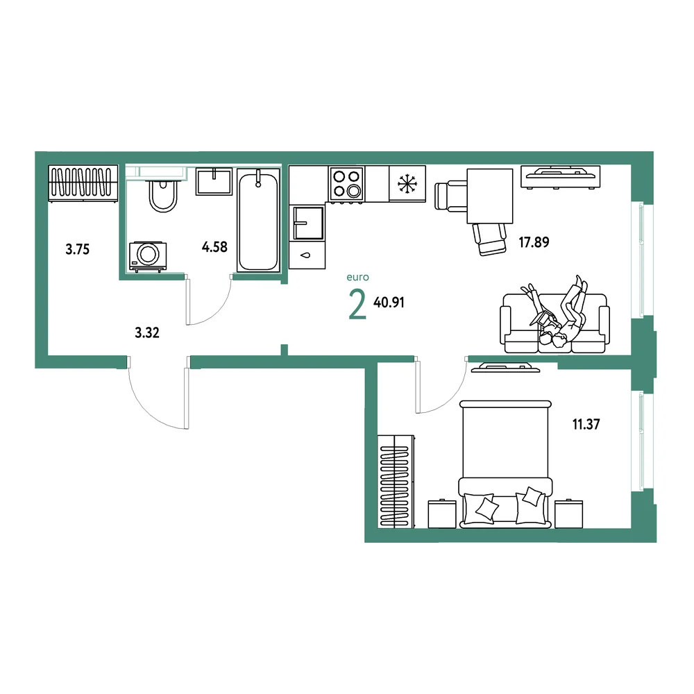 Планировка: Сердце Сибири 2-комнатная 40,91м²