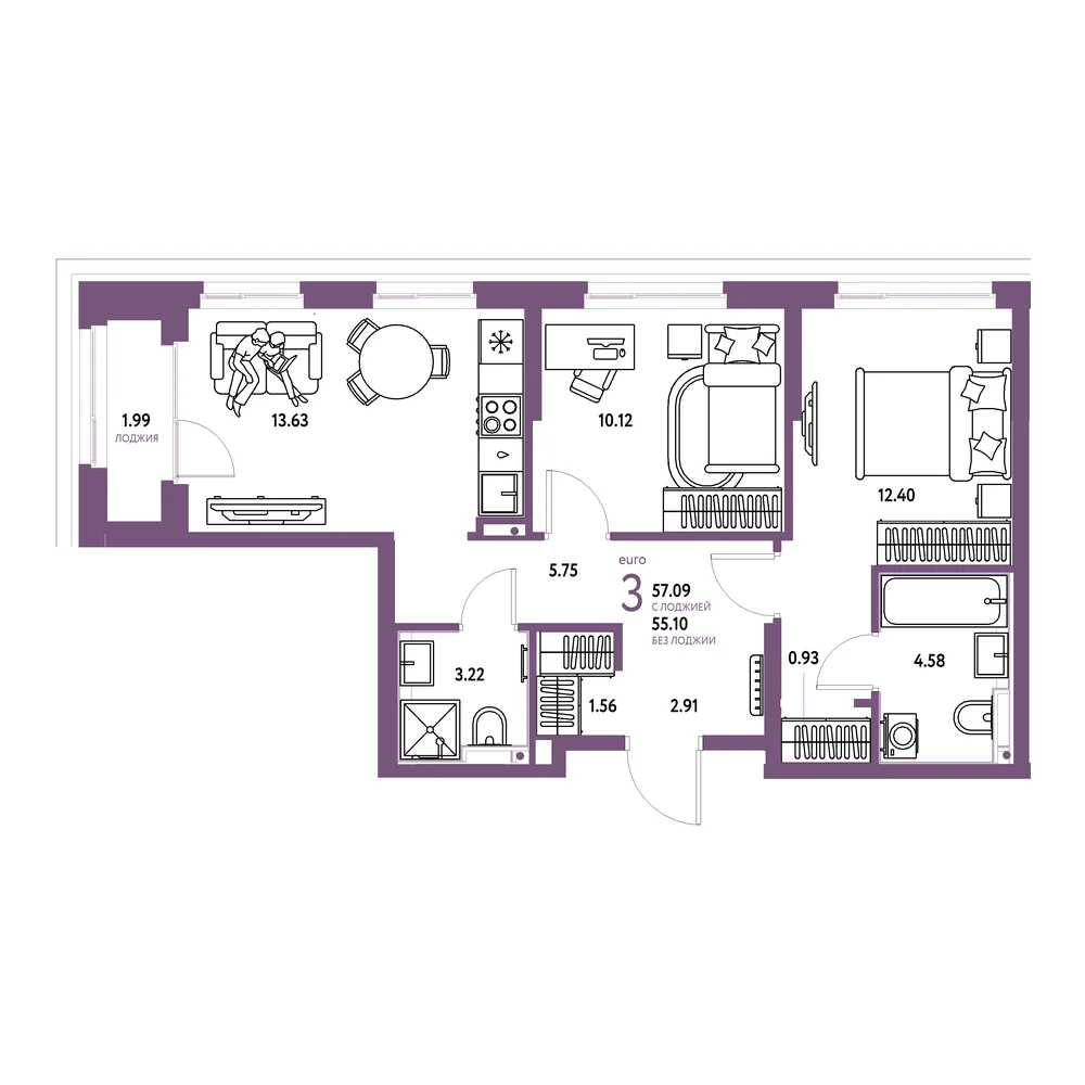 Планировка: Сердце Сибири 3-комнатная 57,09м²