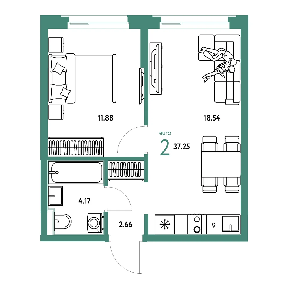 Планировка: Сердце Сибири 2-комнатная 37,25м²