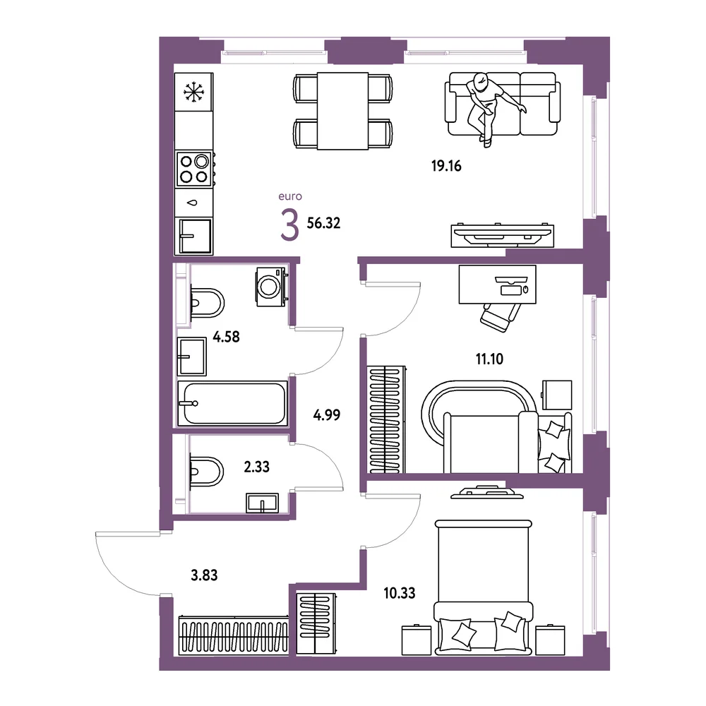 Планировка: Сердце Сибири 3-комнатная 56,32м²